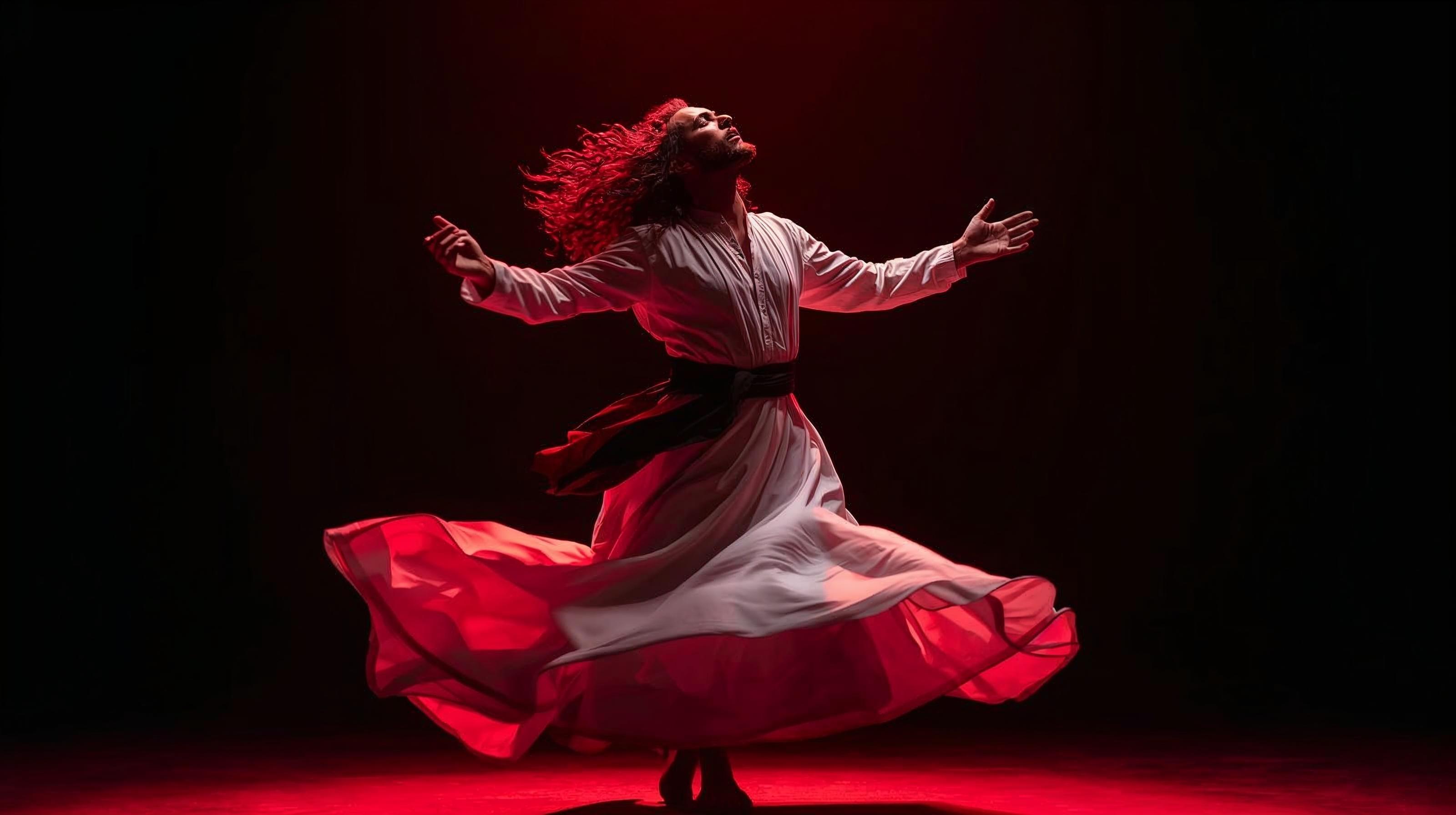 A whirling dervish in white, illuminated by crimson stage light